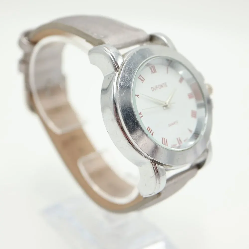 Vintage Dufonte Silver Tone Mens Watch 42mm Roman Dial Leather Strap New Battery